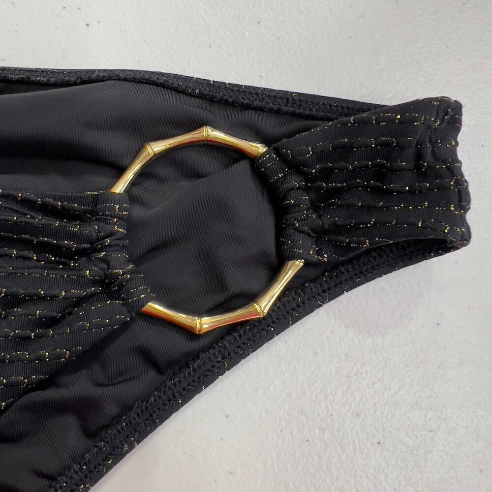 Beach Bunny Black Metallic Gold Bikini Bottoms XL Ring Detail - Picture 6 of 11